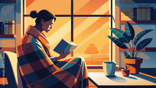  Morning sun golden hour: person reading with a mug, plaid blanket, houseplant silhouette, flat minimal line art.