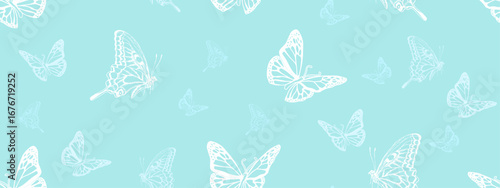 seamless continuous pattern of white and blue flying butterflies on a blue background.eps