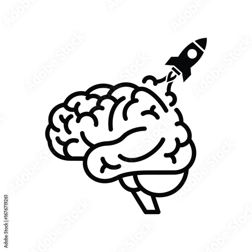 Brain with Launching Rocket Symbol: a conceptual image featuring a human brain with a rocket launching upwards, symbolizing innovation, intelligence, and the power of ideas.