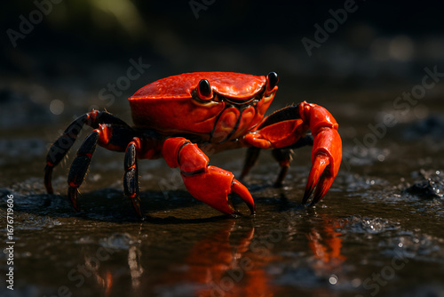 Red crab walking on wet sandy beach near water in coastal nature scene