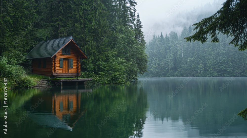 Obraz premium A tranquil log cabin by a serene lake, surrounded by lush forests and misty mountains, reflecting beautifully in the calm water.