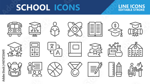 School icons. Education and Learning line icon set. Editable Stroke.