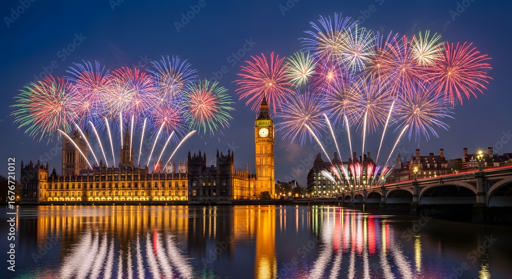 Naklejka premium Spectacular fireworks illuminate the Houses of Parliament and Big Ben over the River Thames in London at night, reflecting vibrant colors.