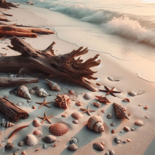 A white sand beach with scattered driftwood and seashells
