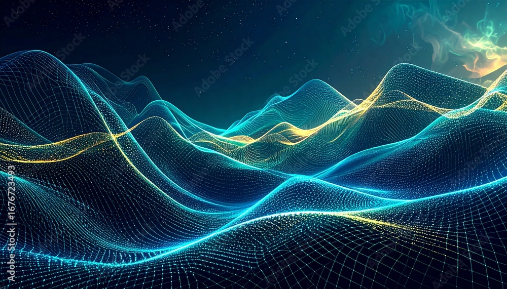 Naklejka premium Futuristic mesh grid forming a wave of glowing digital particles, dynamic movement