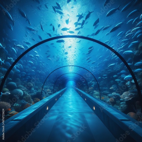 Aquarium tunnel blue light and fish gliding overhead