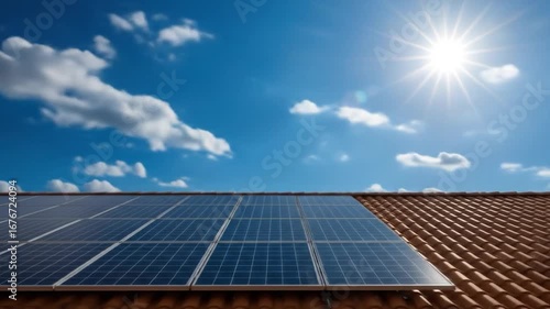 Wallpaper Mural Solar panels on rooftop reflecting bright blue sky and sun for renewable energy concept Torontodigital.ca
