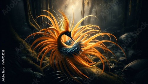 Bird of Paradise Display Male s golden plumes fanned in dark und