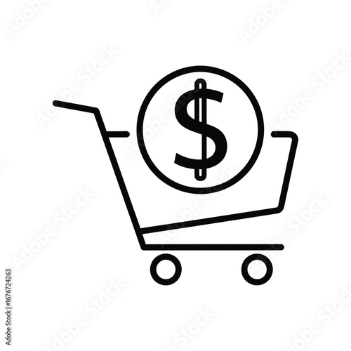 Shopping Cart Symbol: A simple, modern illustration featuring a shopping cart combined with a dollar sign, a symbol of purchasing power and financial transactions. 