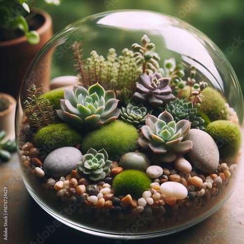 Close up of moss pebbles and tiny succulents in glass dome natur