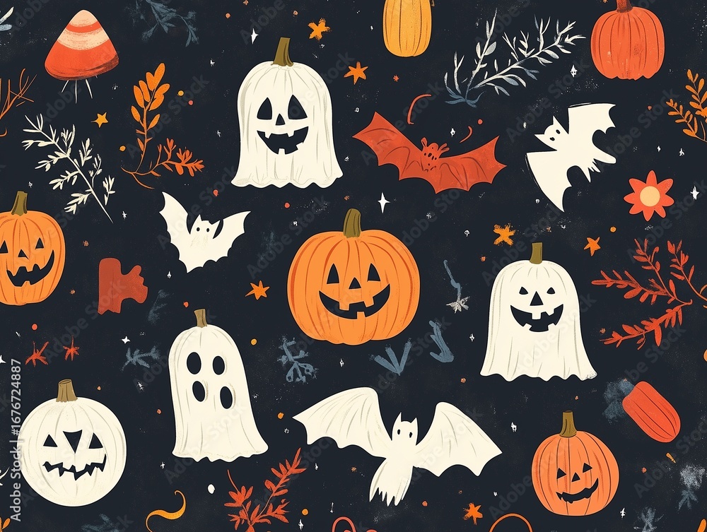 Halloween Vector Seamless Pattern with Pumpkin Bat Ghost Elements, Repeat Print for Textile Web Background Design Halloween Vector Seamless Pattern with Pumpkin Bat Ghost Elements, Repeat Print for Textile Web Background Design