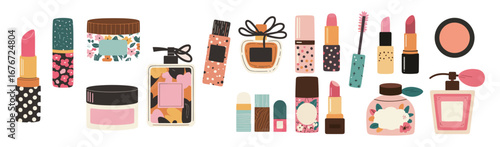 Set of skincare cosmetic products – cream jars, serums, lotion bottles, masks, and patches. Beauty product mockups Flat vector illustration isolated on transparent background.
