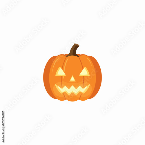 Flat illustration of smiling carved pumpkin with round eyes on white background