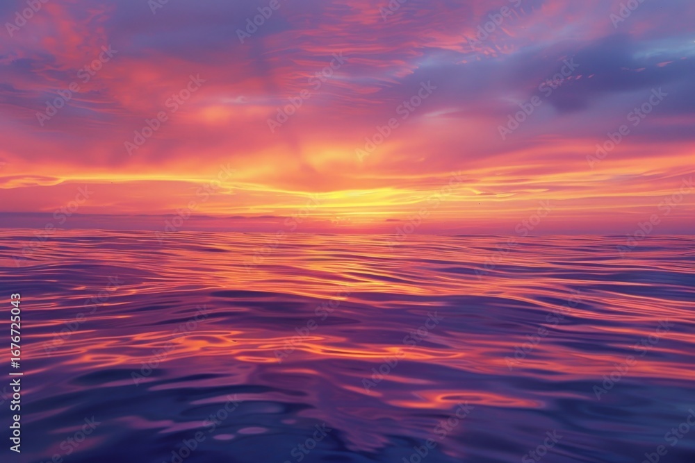 Obraz premium Sunset over the sea, A beauty of a sunset over the ocean, showcasing the sky ablaze with vibrant hues of orange, pink, and purple, reflected in the rippling waters below. 