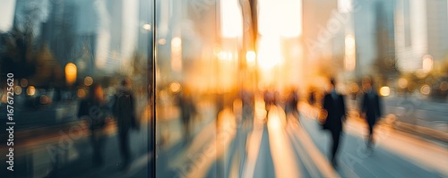 Blurry city street scene at sunset viewed through a modern glass building