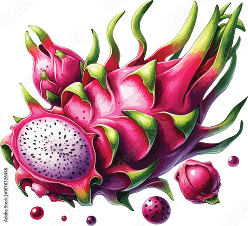 Hand drawn water colour dragon  fruit