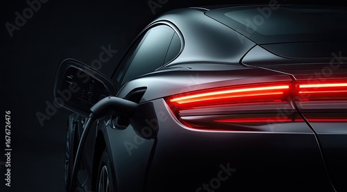 Dark electric car charging.  Rear view of a sleek, modern electric vehicle,  dark gray or black finish, charging at a station;  glowing red taillights,  emphasizing details of the car's design