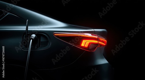 Dark electric vehicle charging.  Rear view of a sleek, dark gray EV with illuminated taillights during charging.  Charging cable connected