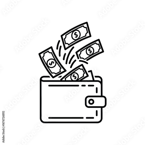 Financial Freedom: A minimal line art illustration depicts money cascading upwards from a wallet, symbolizing financial outflow. Simple, yet impactful, it conveys concepts of spending, finance.