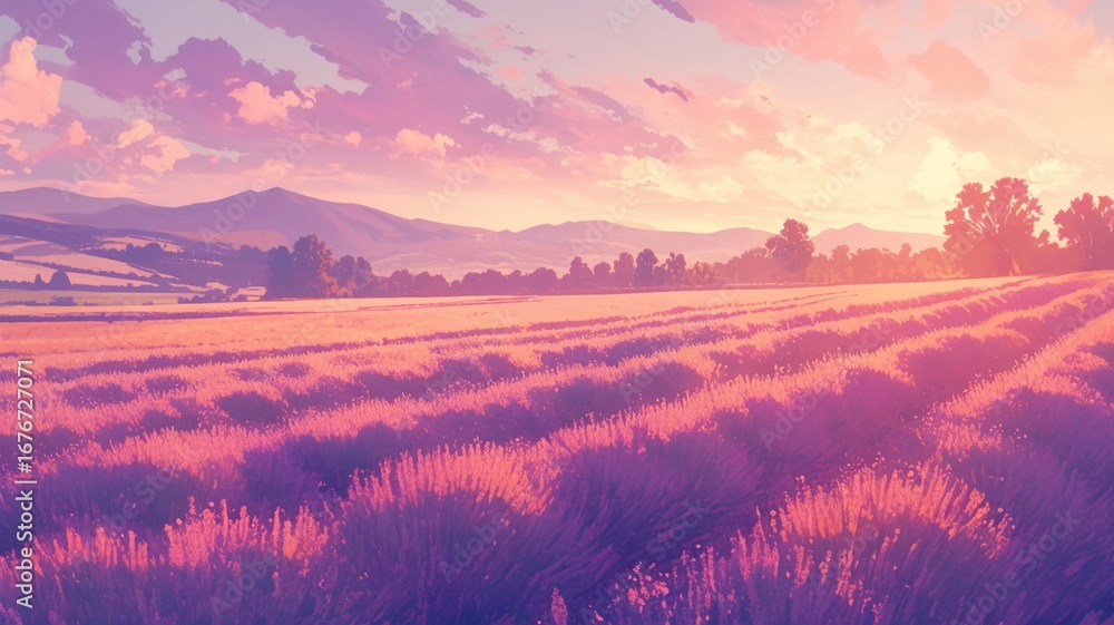 Obraz premium Lavender fields at sunset in anime-style illustration
