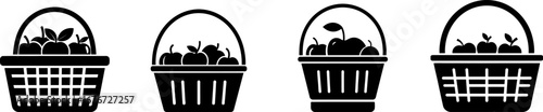 Four stylized baskets filled with fruits, depicted in black silhouette, showcasing a variety of designs and shapes.
