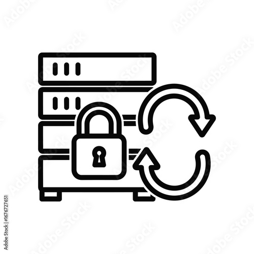 Secure Data Storage: A graphic representation of a data server stack and padlock, with circular arrows, symbolizes data protection and information security.