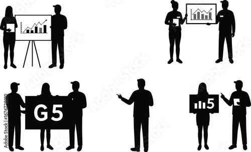 Black silhouette cartoon professionals presenting charts—bar graphs, line graphs, data signs—clean business illustration set for editorial, education, corporate use
