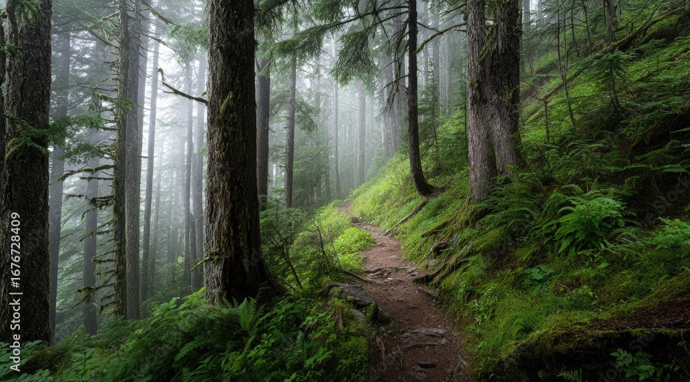 Obraz premium Misty forest trail winds through lush greenery
