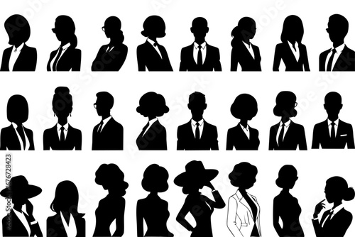 A set collection of diverse business professional silhouettes vector, showcasing various poses and attire suitable for corporate and professional themes.