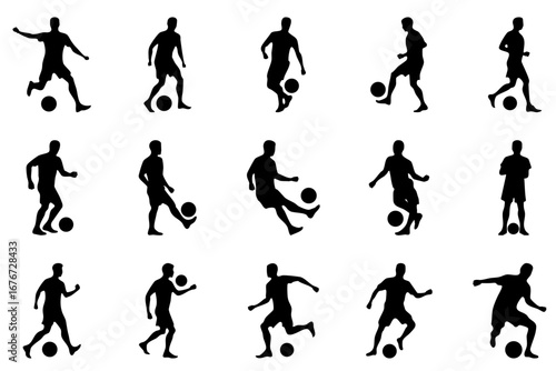 Dynamic silhouettes of soccer players in various action poses, dribbling and controlling the ball, ideal for sports and athletic themes.