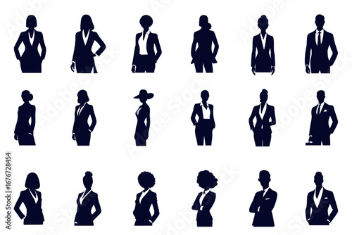 A dynamic collection of diverse business professional silhouettes, featuring a variety of poses and hairstyles perfect for corporate and commercial use.
