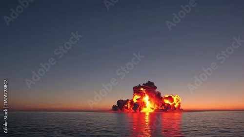 Massive fiery explosion rising from ocean surface during dusk. Concept of destruction and cinematic impact
