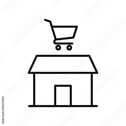 Online shopping illustration: A simple outline of a house with shopping cart above represents online shopping activity. Emphasizing convenience and accessibility. 
