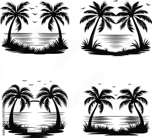 stylized black and white palm tree silhouettes with water reflections