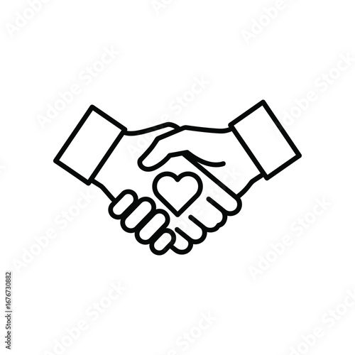 Heartfelt Agreement: A minimalist monochrome outline of two hands clasped in a handshake, with a heart symbol embedded, representing unity, compassion, and agreement.