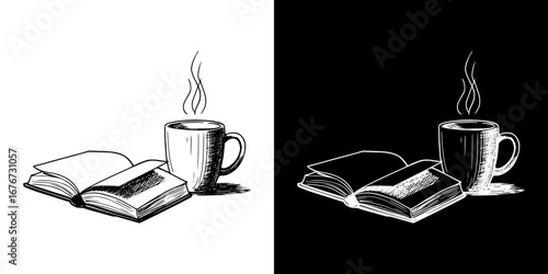 Monochrome isolated vector image of book and a coffee cup, two design options on transparent and black backgrounds, pencil drawing, chalk drawing