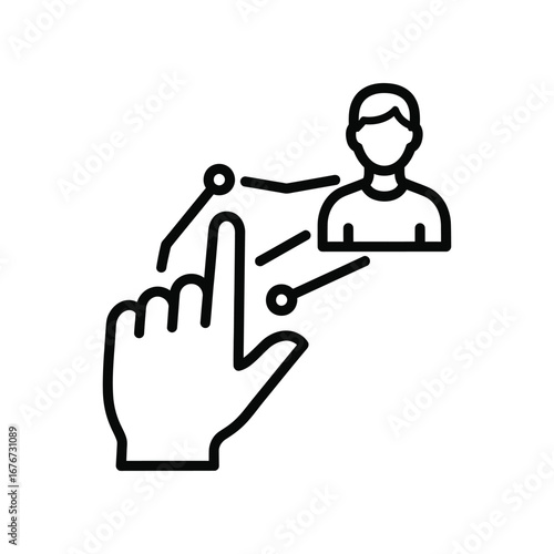 Digital Interface: A line art illustration depicting a digital interface, with a hand interacting with circuit lines connected to a human figure.