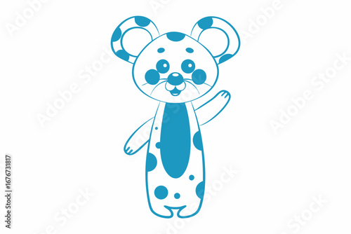 Cartoon Blue Mouse with Spots Waving on White Background