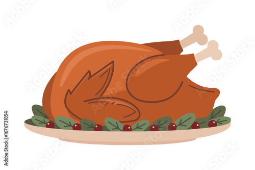 Roasted thanksgiving turkey dish illustration on white