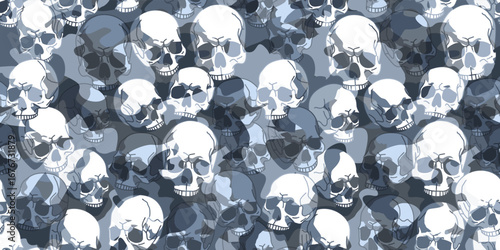 Endless geometric skull camouflage print. Urban tactical military design. Vector seamless background for design projects.