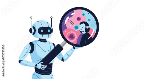 Ai robot magnifying glass medical research exploring cellular biology and human health discoveries