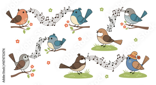 Adorable little birds singing cheerful melodies on branches with decorative flowers and musical notes