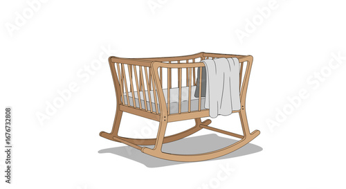 Gentle wooden baby cradle rocking bassinet with comfortable mattress and cozy blanket