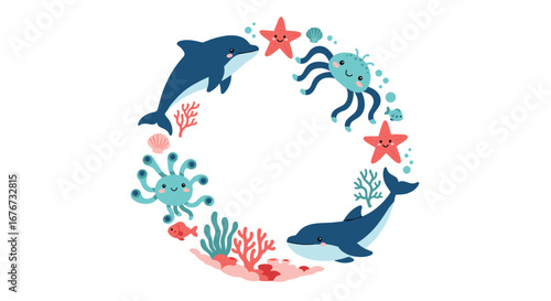 Charming circular marine life arrangement with dolphins starfish and coral reef elements