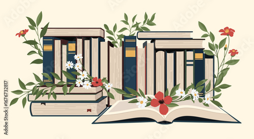 A collection of books decorated with fresh flowers and greenery for a natural ambiance