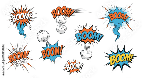 Explosive comic book sound effect graphics collection featuring the word boom