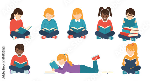 Children engaged in reading books enjoying their stories and imagination fostering literacy skills