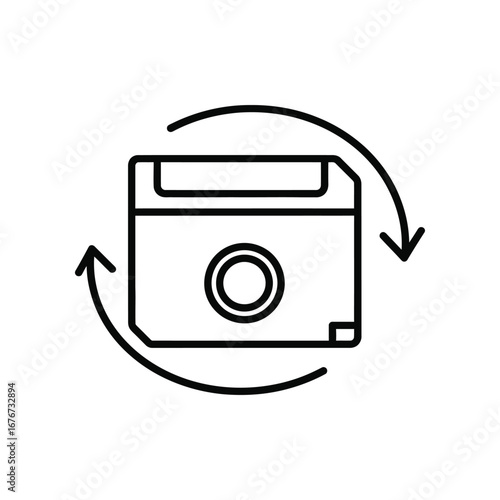 Data Storage Icon: A minimalist outline depicts a floppy disk with encircling arrows, symbolizing the core of data preservation and iterative change.