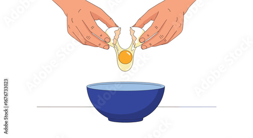 Hands cracking a fresh egg into a blue bowl for cooking preparation