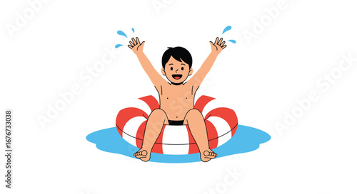 Joyful child slides down water tube enjoying summer vacation fun activities outdoors